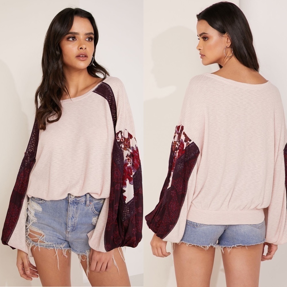 Free People Pink Waffle Knit Long Puff Sleeve Casual Clash Top